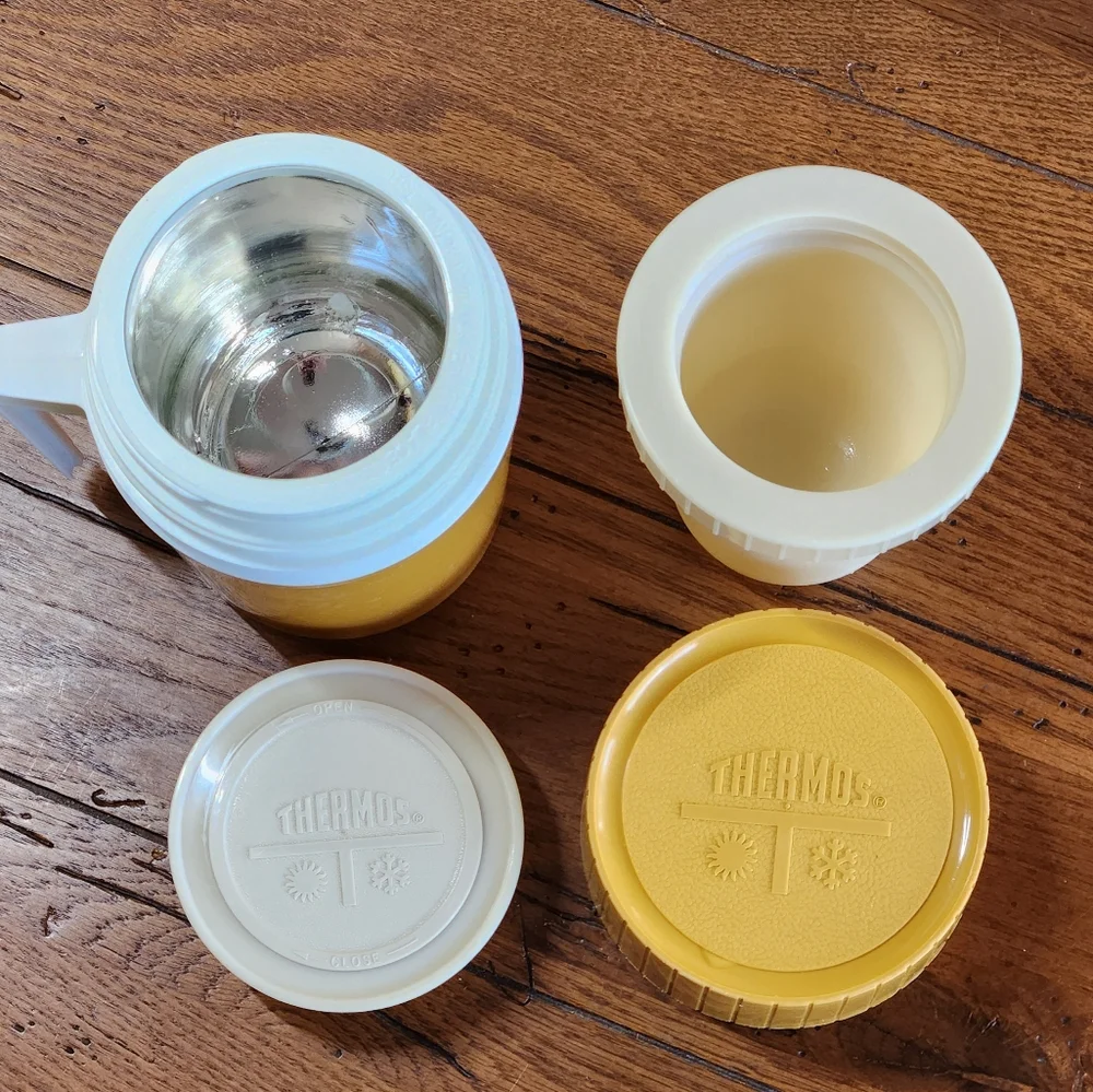 Vintage Thermos Brand Insulated Food Jars – 1970s Retro Mustard & Red